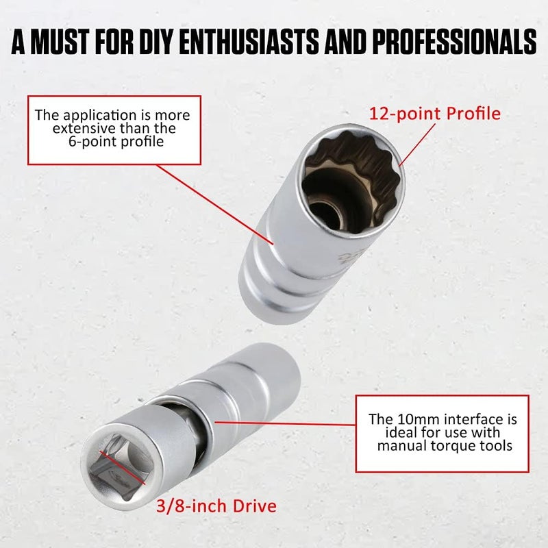 CMTOOL 14mm Spark Plug Socket Magnetic Thin Wall 14 mm Spark Plug Socket Set, Enhanced Magnetic Design, CR-V Steel, Durable Removal Tool Kit, 3/8 Inch Drive, 360 Degree Swivel, 12 Point - Image 5